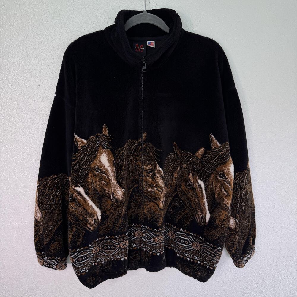 Vintage Mazmania Fleece Jacket Womens Large Horse Print Western Equestrian Cozy